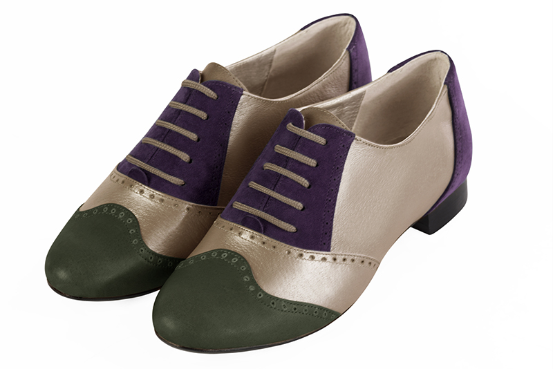 Forest green, gold and amethyst purple women's fashion lace-up shoes. Round toe. Flat leather soles. Front view - Florence KOOIJMAN